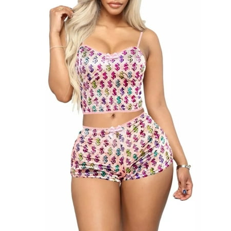 

Woshilaocai Women s Velvet 2Pcs Strap Sleeveless Crop Top Shorts Pajama Set