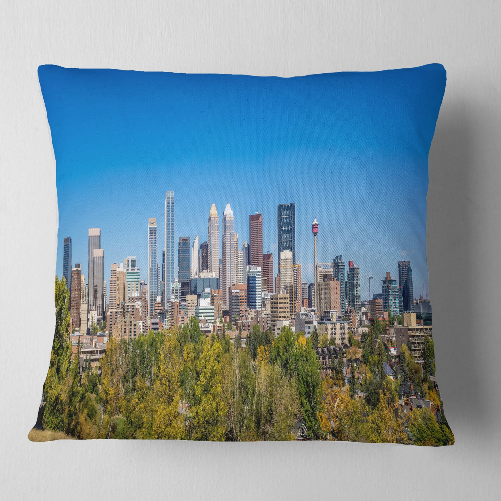 Designart Calgary Skyline with Blue Sky - Cityscape Throw Pillow - 16x16
