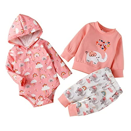 

StylesILove Infant Baby Girls Elephant Rainbow Print Long Sleeve Top and Hooded Romper with Pants 3pcs Fall Winter Outfit (9 Months)