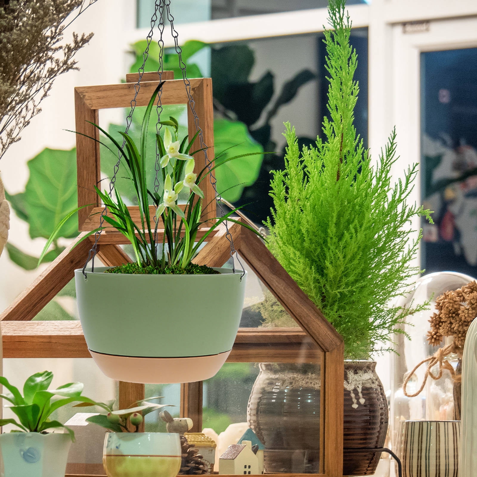 WORGEOUS 4 pcs Hanging Planter Self Watering Basket with Chain Hook Round Hanging Flower Pot Deep Container Box for Plants Decoration Green