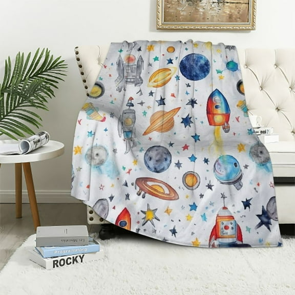 JEUXUS Space Throw Blankets for Kids, Soft Space Planets Blanket, Cozy Flannel Outer Space Blankets, Fluffy Fuzzy Rocket Astronaut Galaxy Universe Blanket for Toddler Childs Boys Sofa,