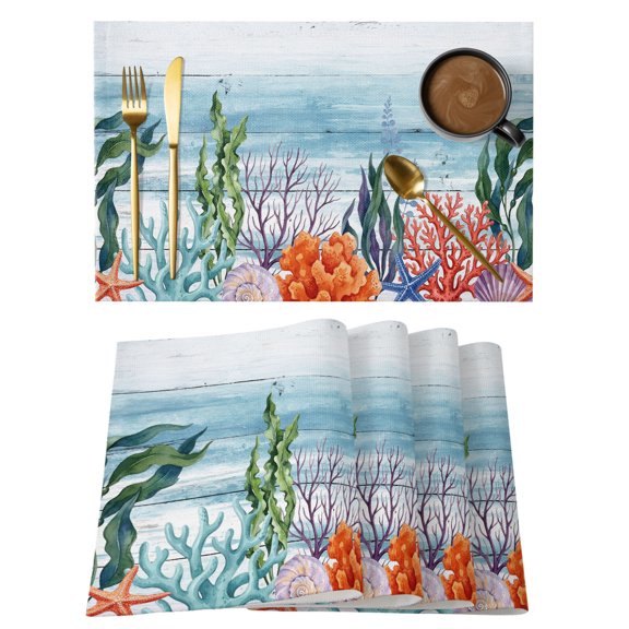 Summer Coral Reef Placemats Set of 2, Coastal Nautical Green Orange Ocean Blue Wood Grain Non-Slip Place Mats Washable Table Mats for Kitchen Dining Table Decorations Indoor/Outdoor
