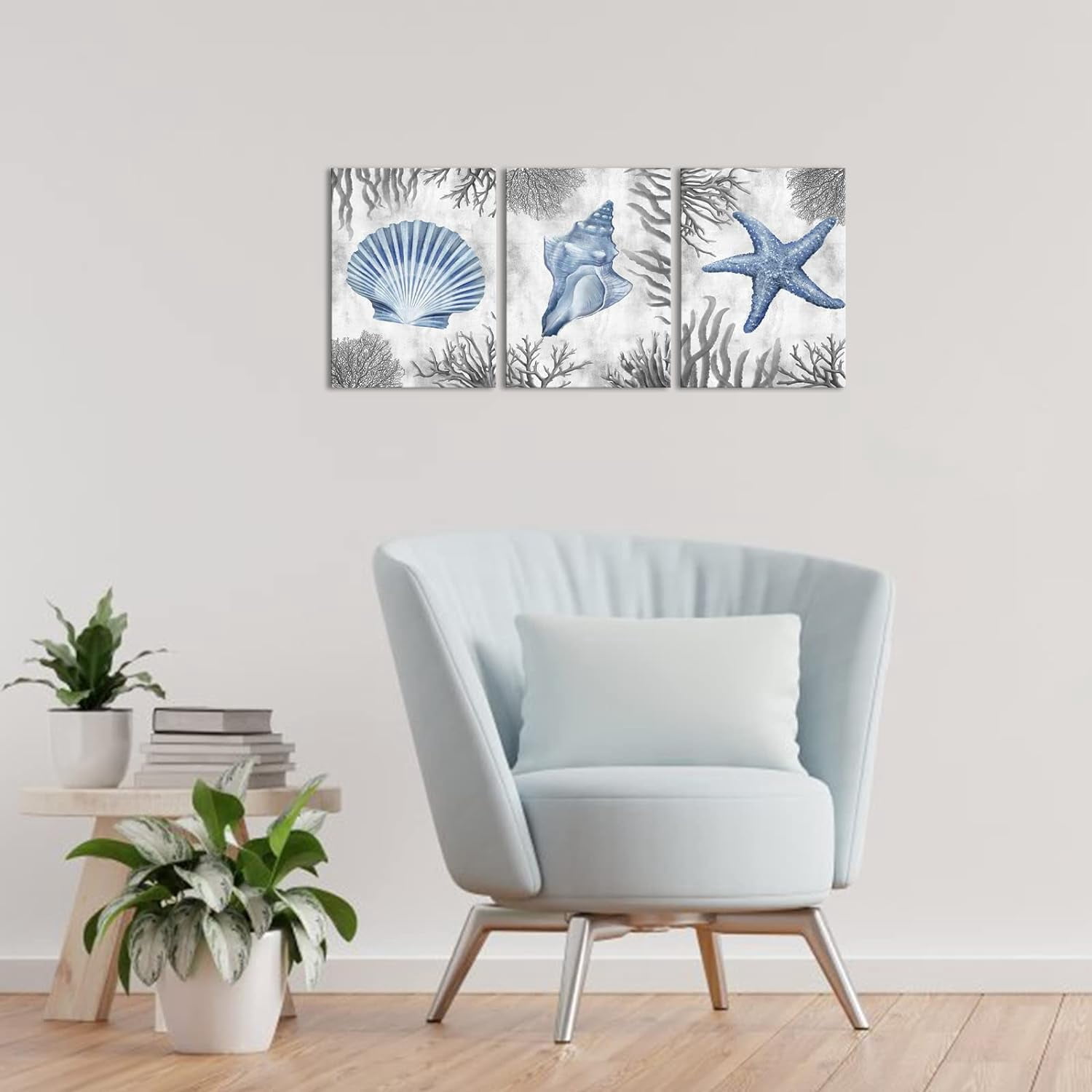 Kalormore Sea Coastal Style Canvas Wall Art Blue and Grey Starfish Shell Conch Coral Picture Prints Gallery Canvas Wrapped on Premium Wood Frame Ready to Hang for Living Room Bedroom Bathroom