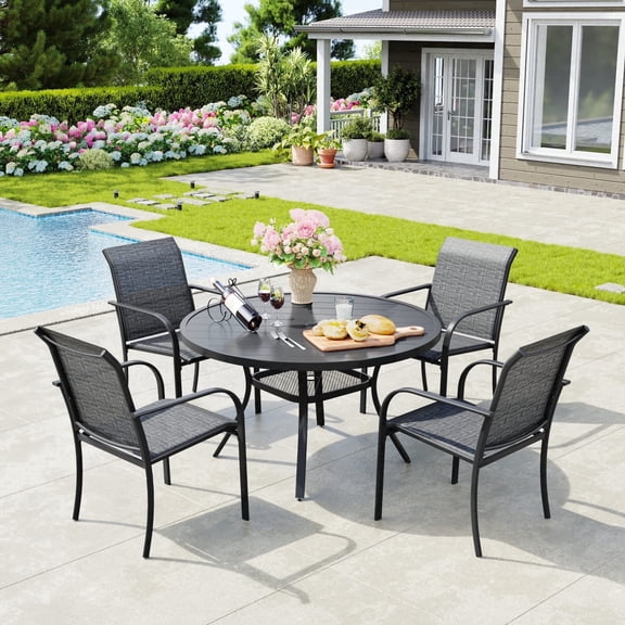 Vicllax 5-Piece Round Outdoor Patio Dining Furniture Set Table and Chair Metal Frame, Umbrella Hole