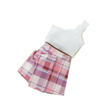 

Casual Plaid One Shoulder Sleeveless Multicolor Toddler Girls Two-piece Outfits (Girl s)