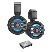 Kenwood 7.7" Black Wake Tower LED Marine Speakers 1-Pair with 300 Watt Marine Amplifier