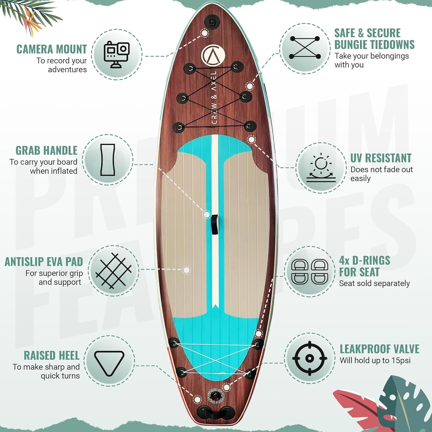 Crew & Axel Inflatable Paddle Board SUP 10FT (6.2” Thick) Non Slip Stand up Paddleboard Set W/Backpack (Dark Wood)