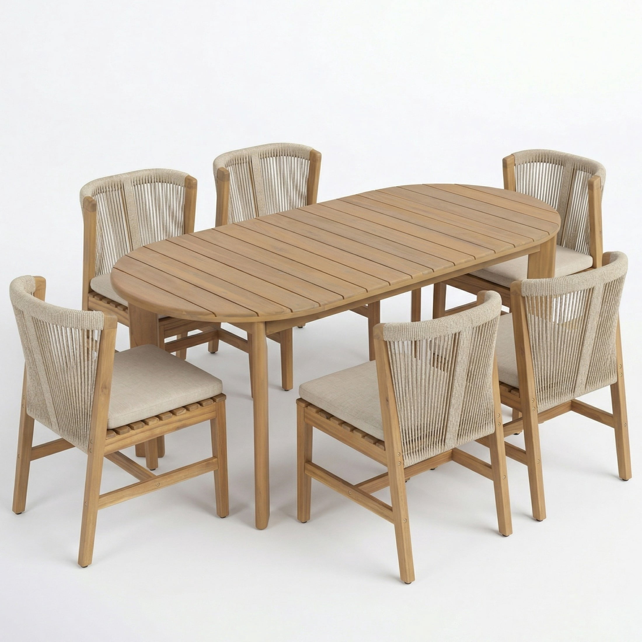 Christopher Knight Home 7-Piece Scandinavian Wood Outdoor Dining Set, Rope Back and Beige Cushions, Light Teak