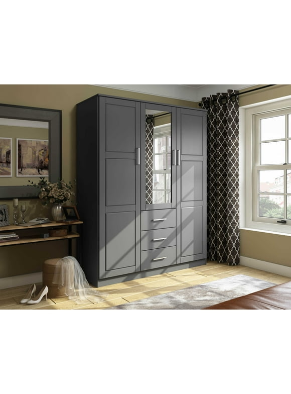 100% Solid Wood 3-Door Cosmo Wardrobe with Mirror 7115 by Palace Imports, Gray