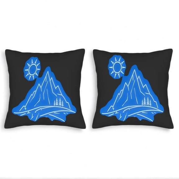 Set of 2 18x18in Throw Pillow Covers - Black Background with Blue Mountain Range Winding Path Pine Trees & Sun Design - Perfect for Couch Bed Car