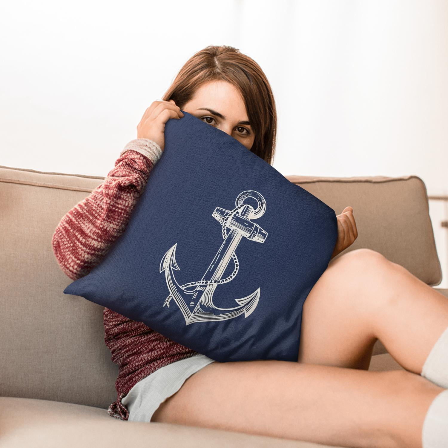Set of 2 Navy Blue Nautical Throw Pillow Covers 16x16, Coastal Ocean Anchors Throw Pillow Cases, Decorative Linen Cushion Cases for Couch Sofa Living Room Home