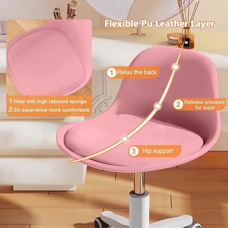 XUEGW Small Desk Task Chair 1 Pack, Cute Armless Vanity Chairs with Soft Padded Cushion, Plastic Height-Adjustable Home Office Chairs for Teens Girls, Pink