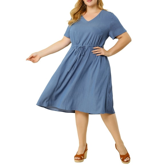 Agnes Orinda Women's Plus Size Drawstring Chambray Denim Midi Fall Shirtdress