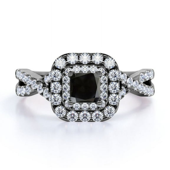 JeenMata Art-Deco Infinity Pave 1 TCW Princess Cut Lab Created Black Diamond and Moissanite Double Halo Engagement Ring in 18K Black Gold Plating over Silver
