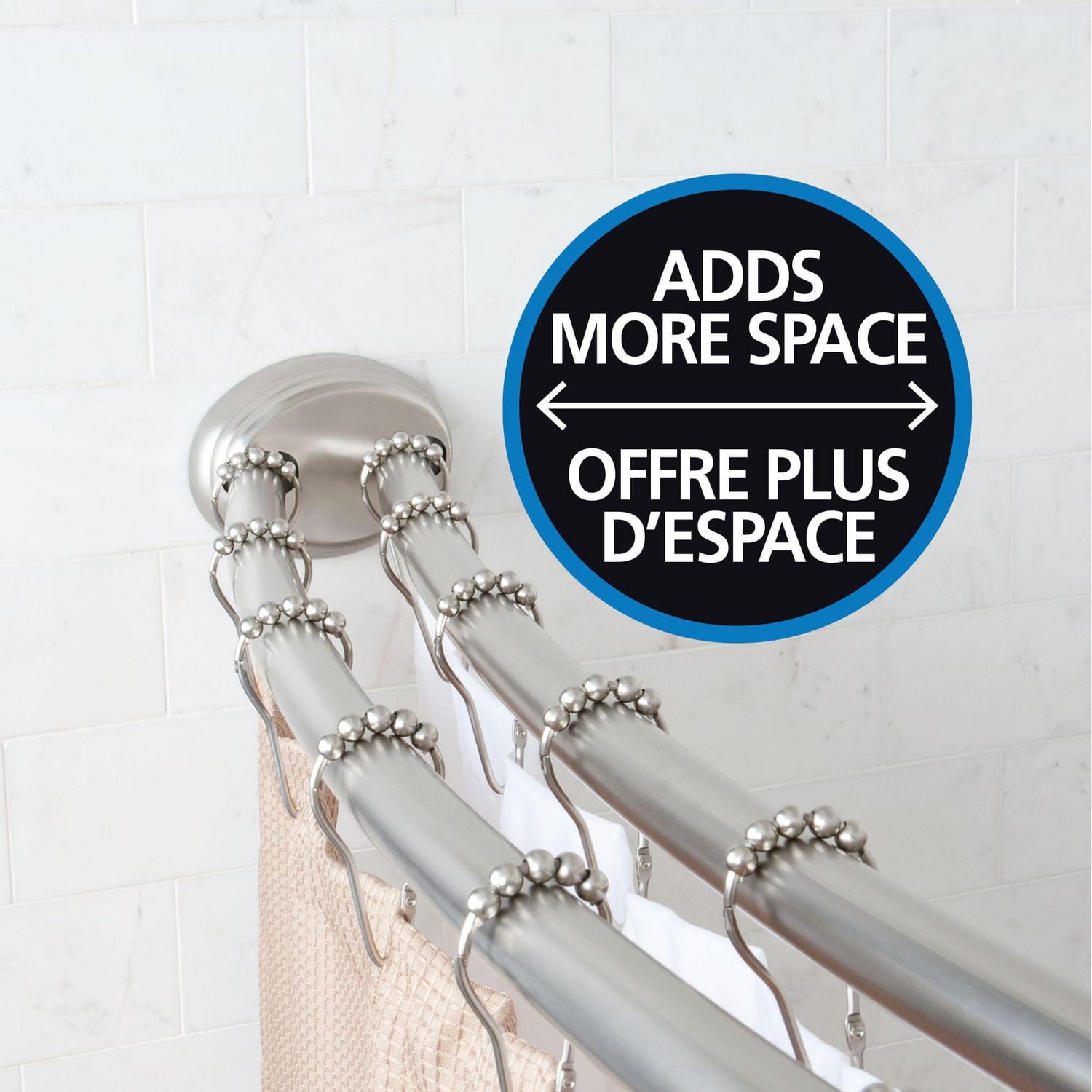 Mainstays Smart Rods Adjustable Double Curved Tension Shower Curtain Rod, 50" to 72", Brushed Nickel