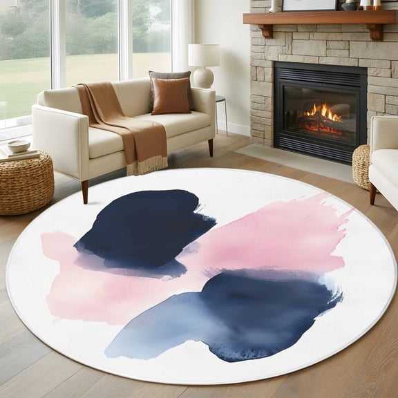 Round Rugs 5Ft, Navy Blue Pink Art Round Area Rug Washable Indoor Throw Carpet, Abstract Geometric Luxury Soft Non Slip Circle Rug for Cabinet Bathroom Home Decor Aesthetic