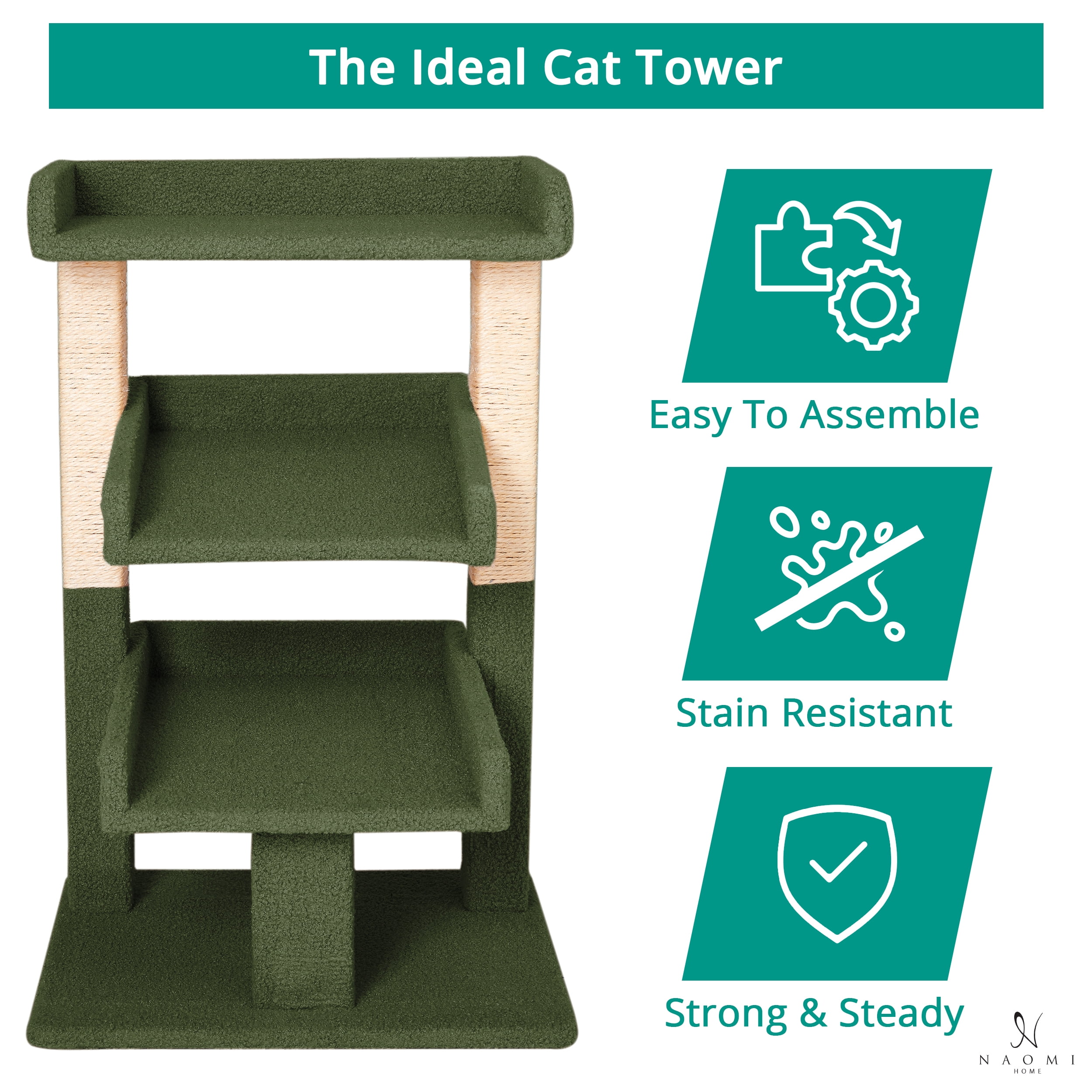 Nala 3-Tier Cat Tree Tower for Indoor Cats – Large Cat Tower & Cat Condo for Large Cats | Cat Tree House & Cat Castle for Multi-Cat Homes -Color: Green