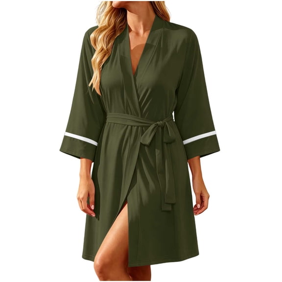 Maplenight Womens Bath Robe Quick Dry 3/4 Sleeve Tie‑Front Lightweight Kimono Robe Ladies Loungewear