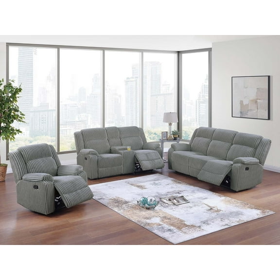 Padded Armrest Manual Motion Sofa Loveseat w Console Recliner Chair 3pc Sofa Set Smoke Corduroy Upholstery Living Room Furniture