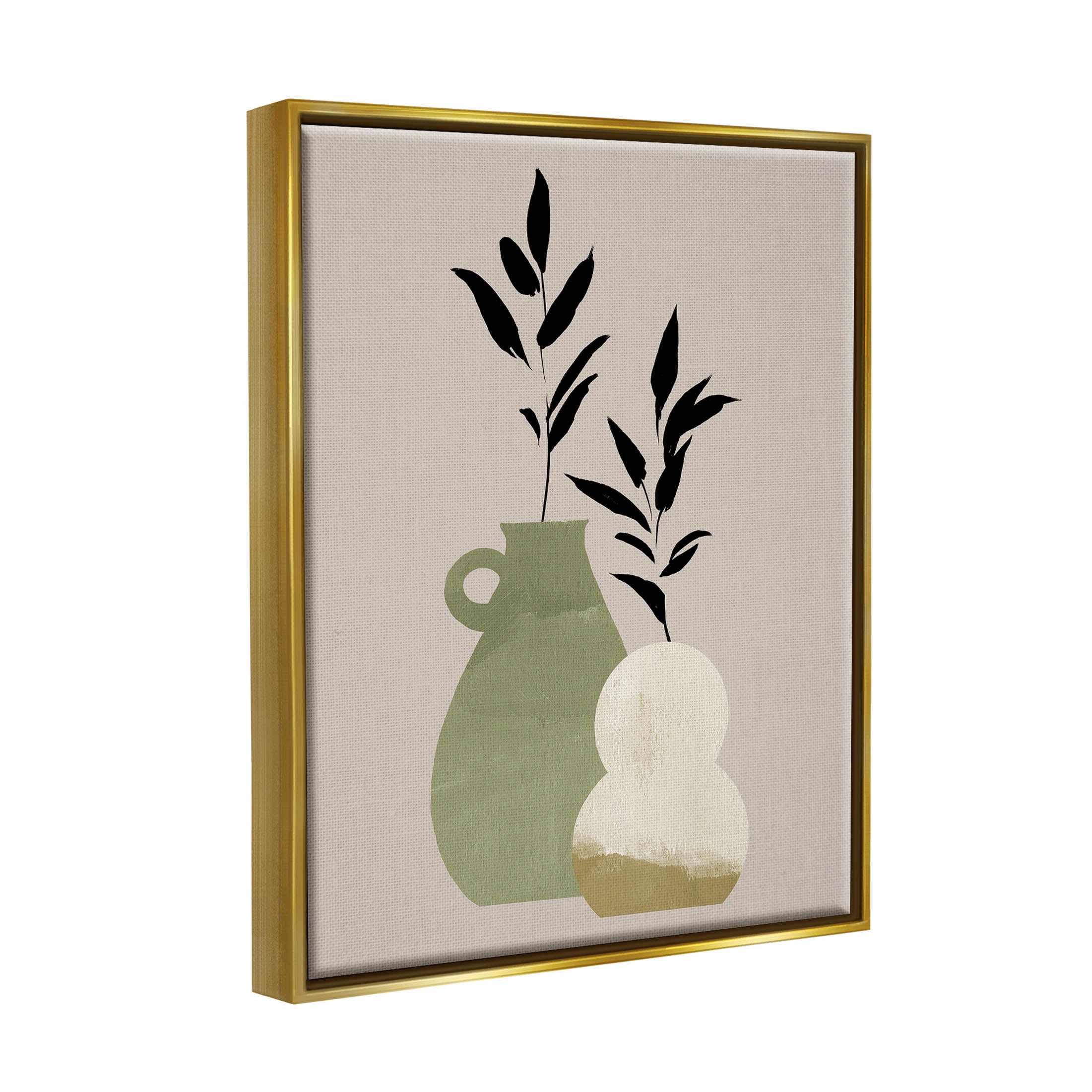 Stupell Industries Modern Plant Vase Leaves Graphic Art Metallic Gold Floating Framed Canvas Print Wall Art, Design by Jacob Green