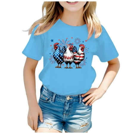 

Girl T-Shirts Graphic 2-Sky Blue Kid Independence Day Theme Fashion Part Print Short Sleeve Round Neck T Shirt Tops 160