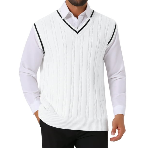 SUÉTER SIN MANGAS DE PUNTO DE CABLE DE COLOR SÓLIDO V-NECK PARA HOMBRES INSPIRAR CHIC L Blanco