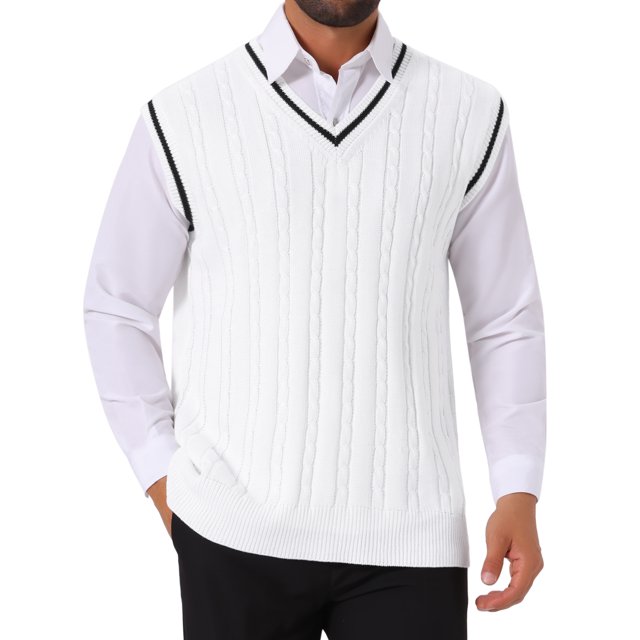 SUÉTER SIN MANGAS DE PUNTO DE CABLE DE COLOR SÓLIDO V-NECK PARA HOMBRES INSPIRAR CHIC L Blanco