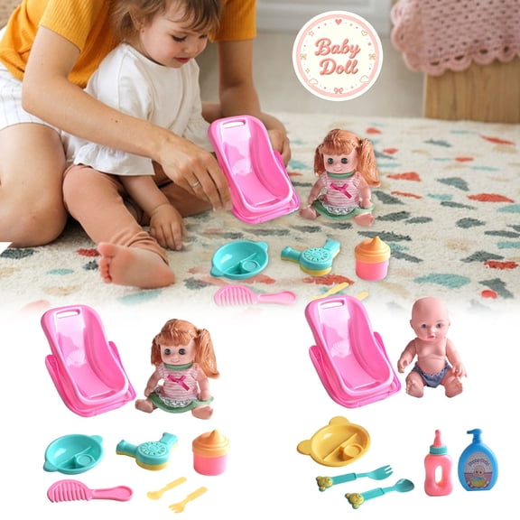 Baby Toddler Bath Doll Toy Set, Kids Sensory Bathtub Shower Toys, Mini Simulation Playset with Tableware Accessories, Soft Squeezable Easy‑grip, Christmas Birthday Pretend Play Gifts, Age for 3 Kids