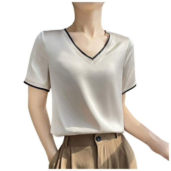 XIAONU Womens Tops Silk Satin Short Sleeve T Shirt Ladies Temperament V Neck Shirts