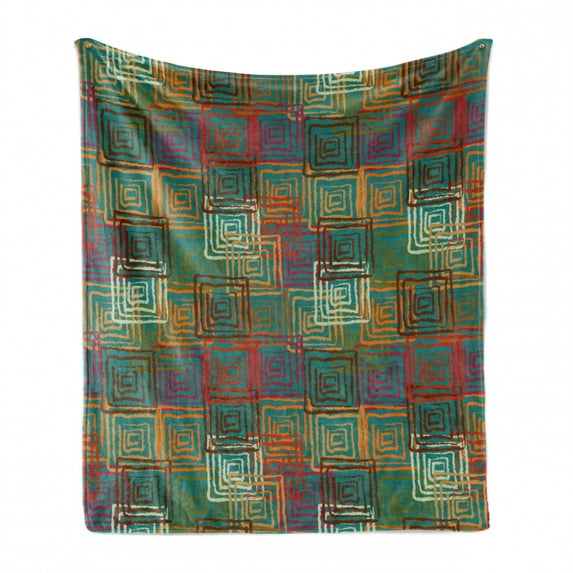 Geometric Soft Flannel Fleece Throw Blanket, Abstract Grunge Pattern with Folk Rainbow Ornament Squares Distressed Backdrop, Cozy Plush for Indoor and Outdoor Use, 70" x 90", Multicolor, by Ambesonne