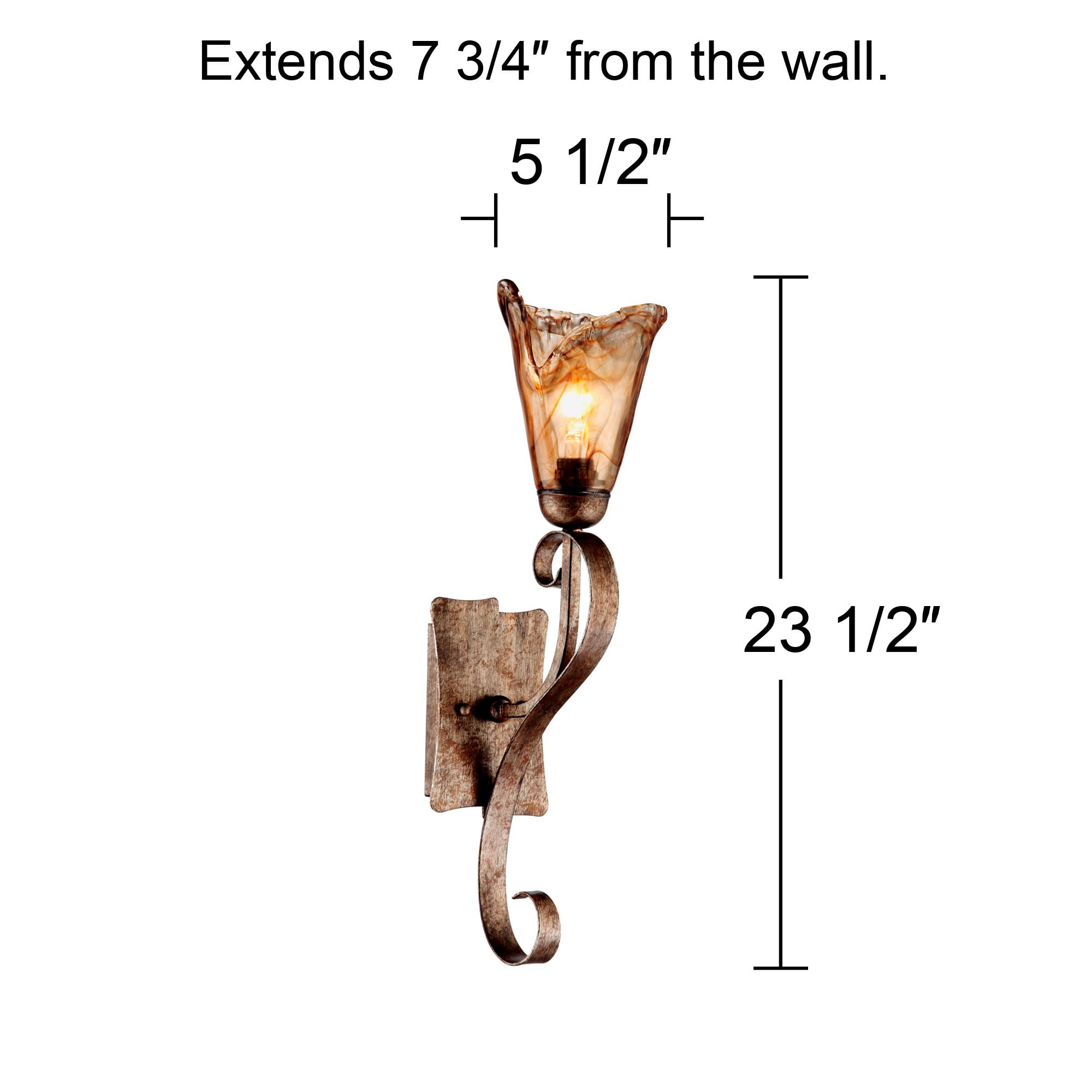 Franklin Iron Works Amber Scroll Rustic Wall Light Sconces Set of 2 Golden Bronze Hardwire 23 1/2" Fixture Art Glass for Bedroom Bathroom Vanity Home
