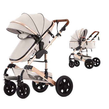 SteAnny Standard Stroller with Portable Basket, Vintage Unisex Baby Carriage, Infant Pushcar, Beige