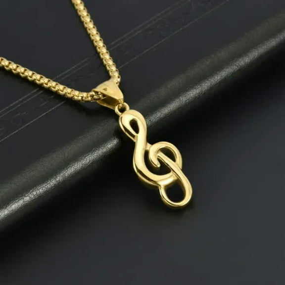 K-KED Gold Music Note G Treble Clef Pendant Necklace with Chain 24" Mens Womens