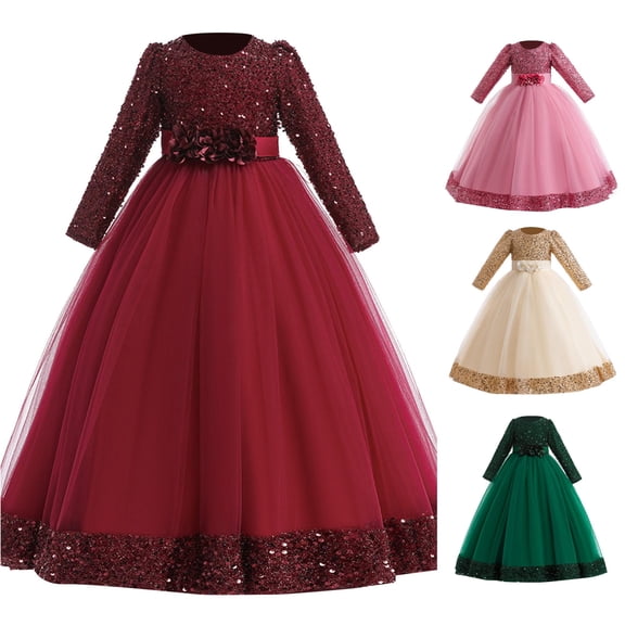 AWZXDE Girls Christmas Pageant Dress Girls Holiday Dress Long Sleeve Sequin Mesh Floor‑Length Party Gown Red - 12-13 Years