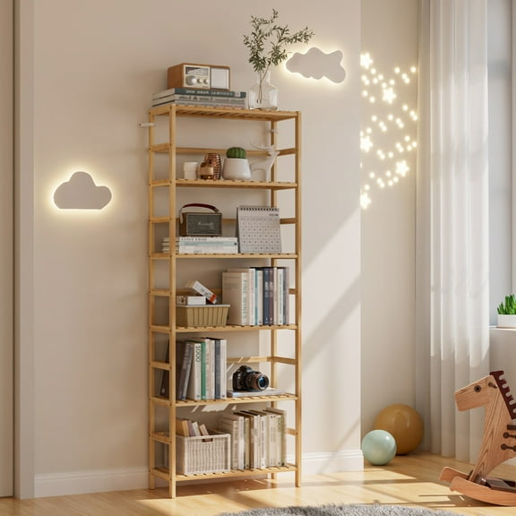 LUVODI 6-Tier Open Standing Ladder Bamboo Shelf Adjustable Bookshelf Display Solid Storage Shelves