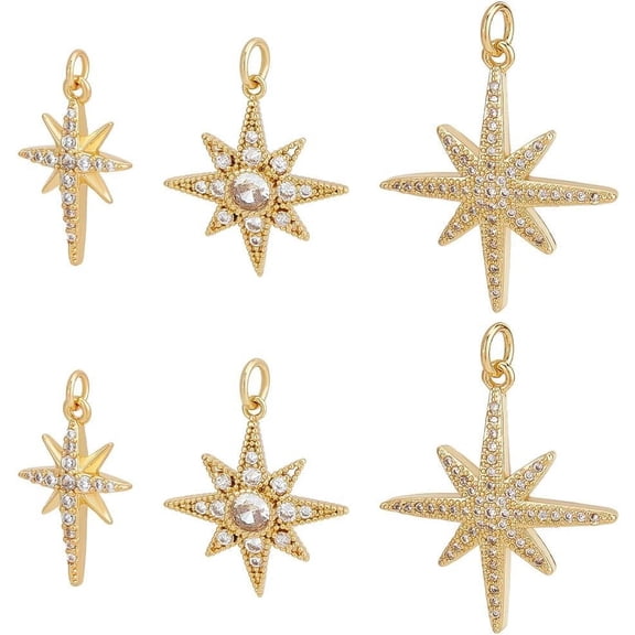 6Pcs 3 Styles Cubic Zirconia Star Charms 18K Gold Plated Brass North Star Charms with Jump Rings for Star Theme DIY Crafts Jewelry Making