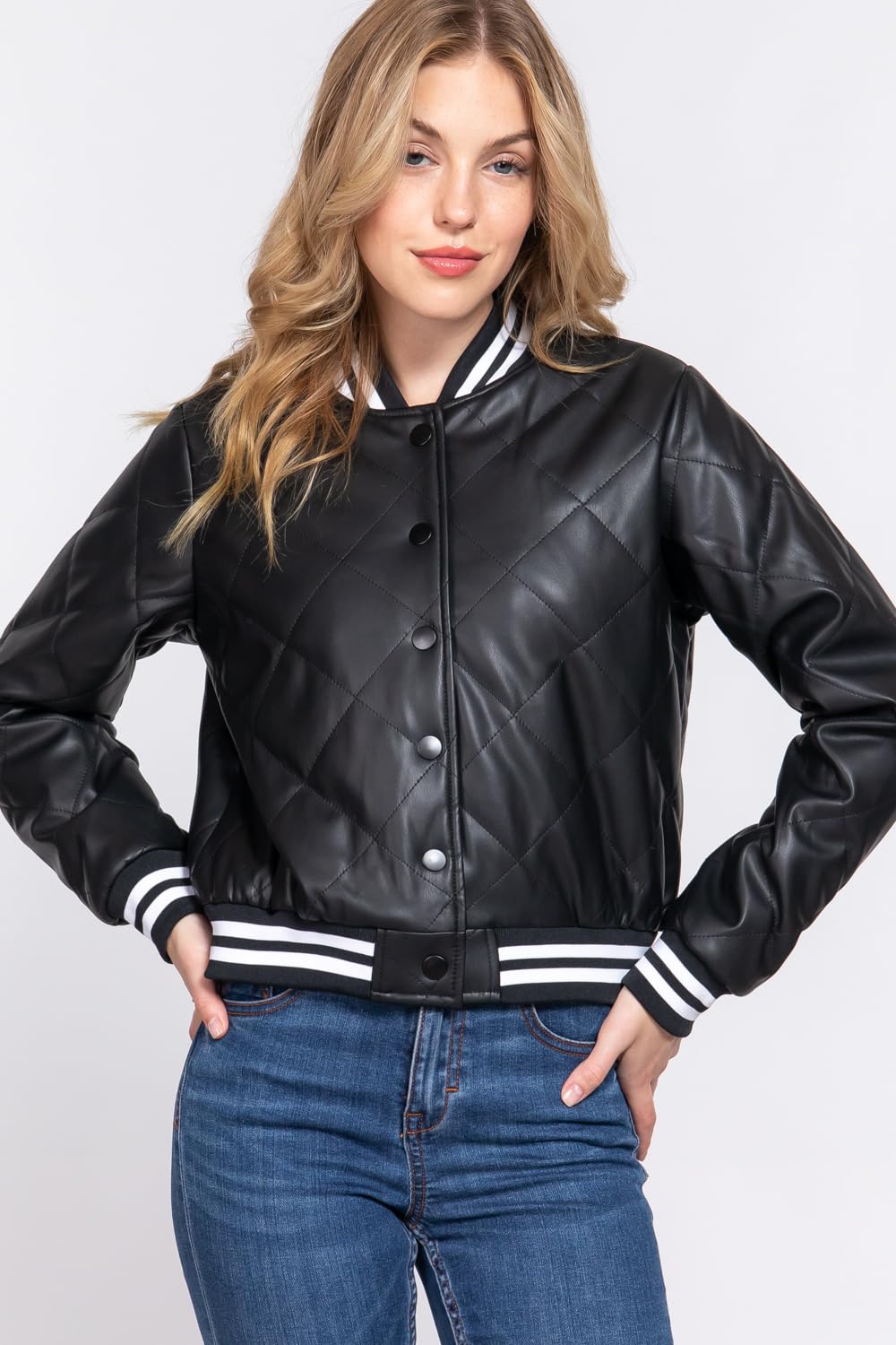 J. METHOD Women's Bomber Jacket PU Faux Leather Quilted Long Sleeve Button Down Casual Coat Outerwear
