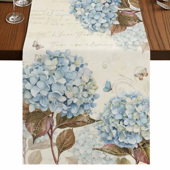 Table Runners 90 Inches Long Dress Scarves, Blue Hydrangea Farmhouse Coffee/Dining/Kitchen Table Runner for Living Room, Spring Floral Leaves Butterfly Vintage Beige 13x90 Inch