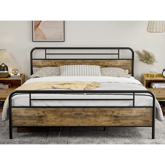 ARICOEASY California King Bed Frames with Wood Headboard Footboard, Farmhouse Metal Cal King Platform Bed, 12.2" Under Bed Storage, Noise Free, No Box Spring Needed - Rustic Brown