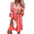 thumbnail image 1 of Qiylii Women Loose Fit V Neck Dress, 2022 Summer Boho 3/4 Long Sleeve Lace Trim Flowy Beach Mini Dress, 1 of 9