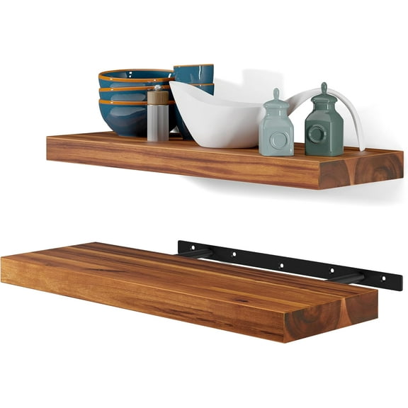 Set of 2 17" Acacia Wood Floating Shelves Wall Mounted – Rustic Farmhouse Wooden Wall Storage Shelf for Bedroom, Kitchen, Home Décor - Brackets and Shelving Mounting Hardware Included
