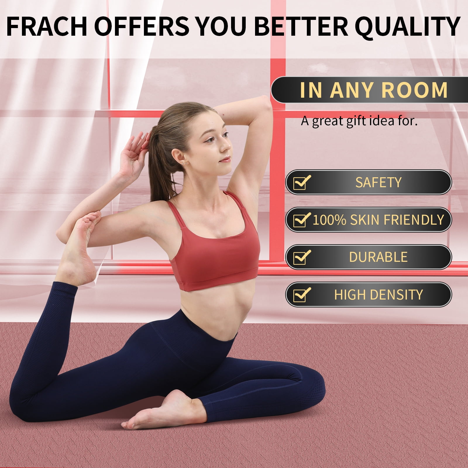 Frach Large Yoga Mat Extra Wide 4 ft,0.3" Thick with Strap, Non-Slip High Rebound for Home and Outdoor,Gym and Travel(Pink+Silver)