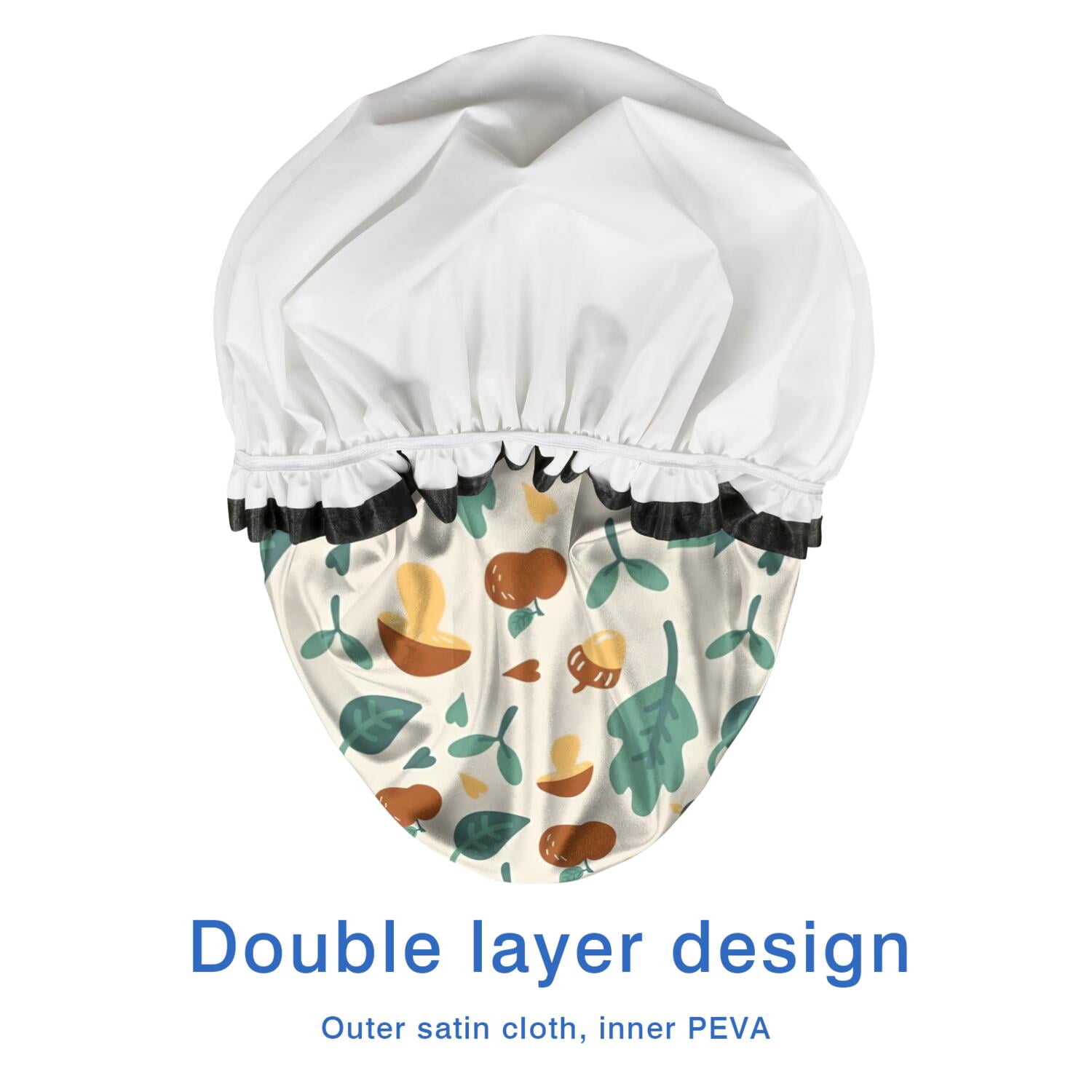 Shower Caps,Brown Green Mushroom Fruit Leaf Beige Pattern Waterproof Shower Cap for Women 4 Pieces,Double Reusable Hair Cover for Shower PEVA Elastic Stretch Hem