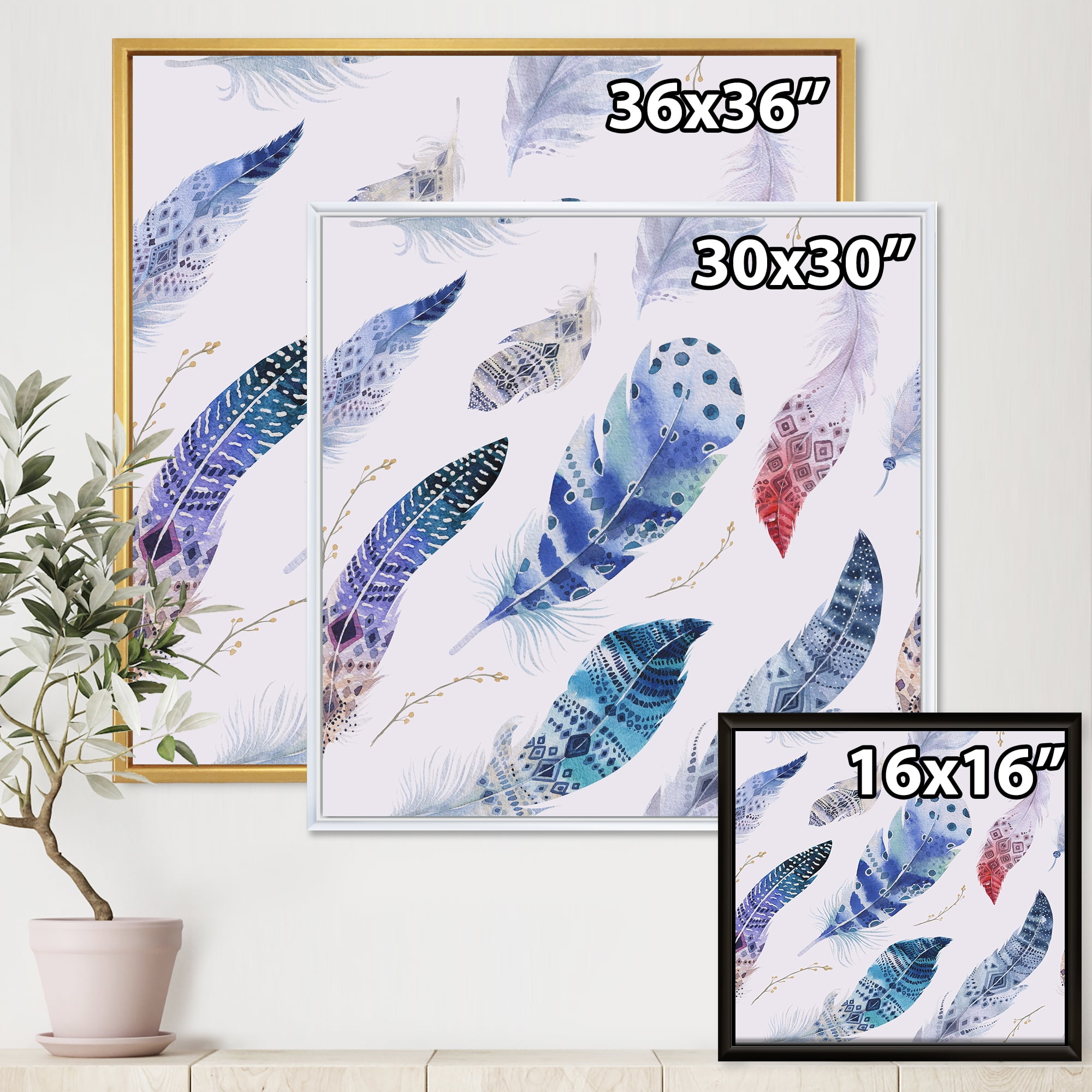 Designart 'Elegant Blue Boho Art Feathers' Bohemian & Eclectic Framed Canvas Wall Art Print