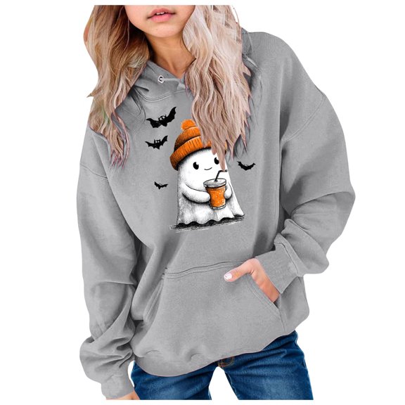 Staki Kids Girl Hooded Sweatshirt Graphic Letter Print Halloween Shirt Long Sleeve Pullover Tops(Gray,8-9 Years)