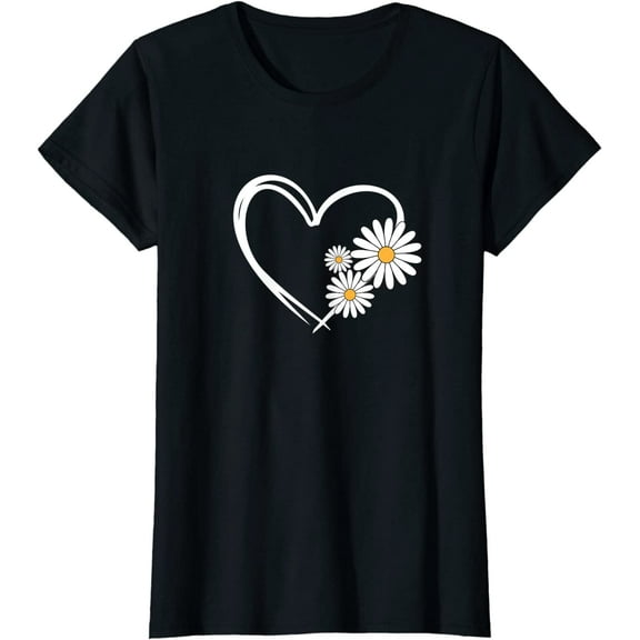 Women Heart With Daisy Flowers, Daisies With Heart Outline T-Shirt