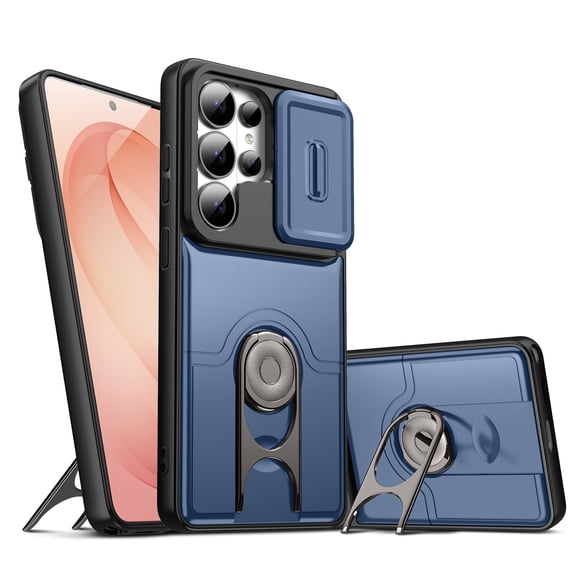 for Samsung Galaxy S24 Ultra Magnetic Case, Hybrid PC TPU Cover with Sliding Camera Lens Cover, Luxury Ring Holder Stand Shockproof Drop Protective Phone Case for Samsung Galaxy S24 Ultra, Blue