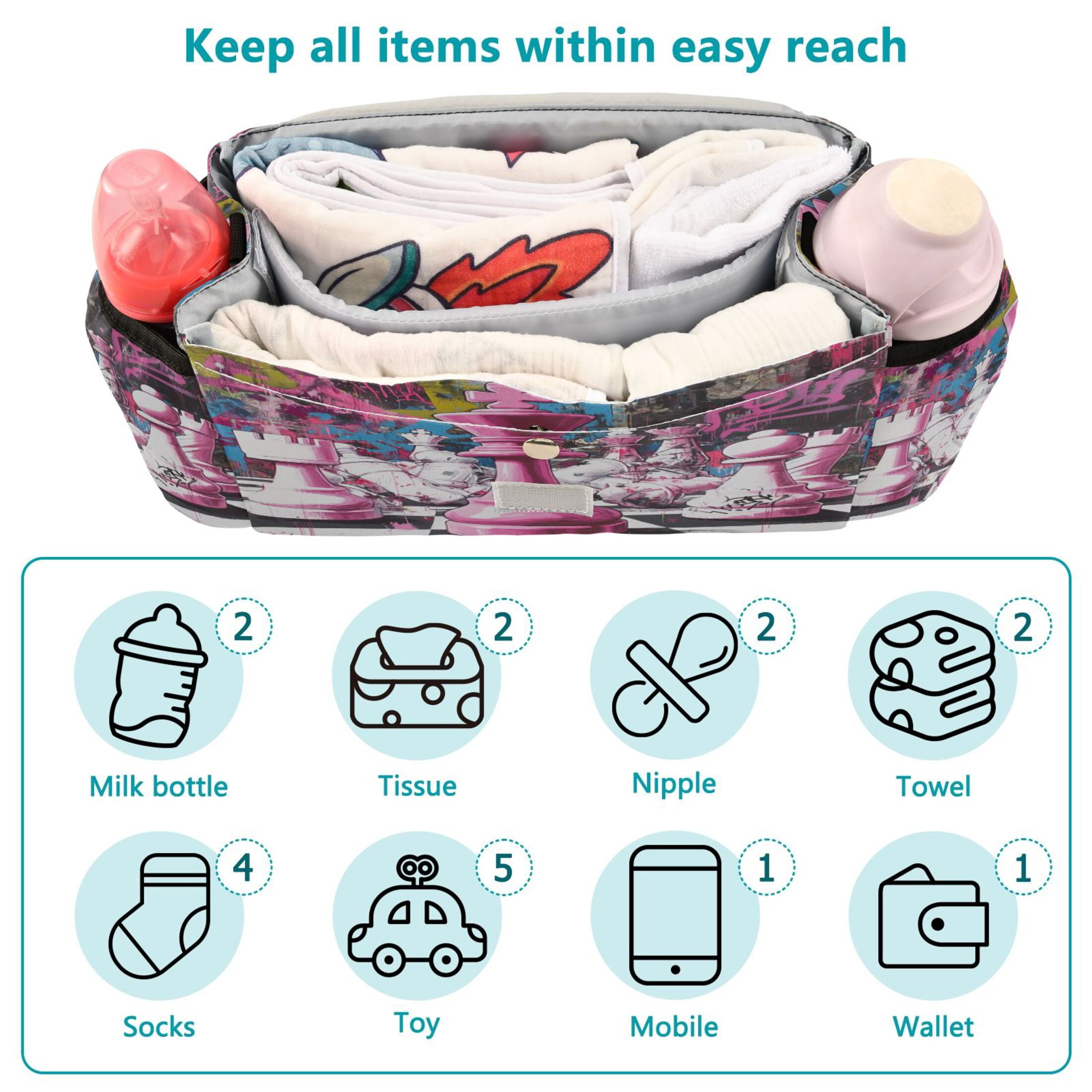 DIXRUYEE Stroller Organizer Graffiti Chess Showdown Printed