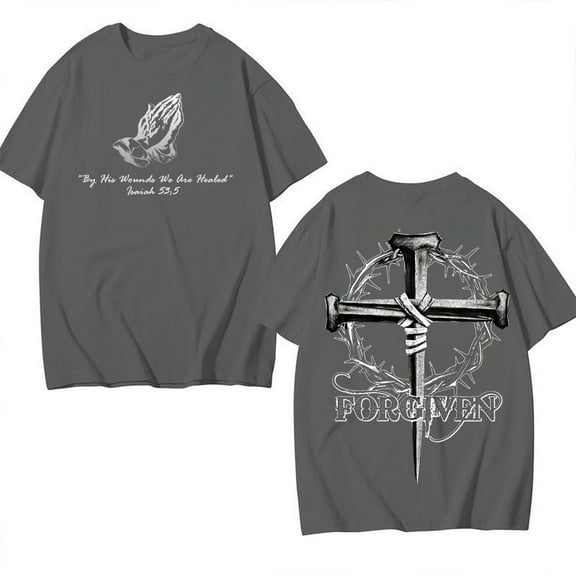 "Forgiven" Christian T-Shirt with Cross Nails and Isaiah 53:5, Bible Verse Faith Graphic Tee.