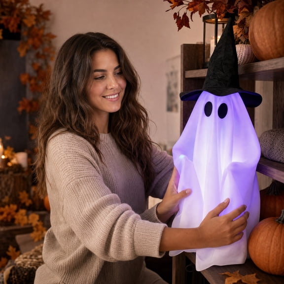 Lighted Halloween Ghost Decor with Witch Hat, LED Glowing Standing Ghost Statue, Battery Operated Spooky Fabric Ghost Ornament for Indoor Outdoor Halloween Party Decoration